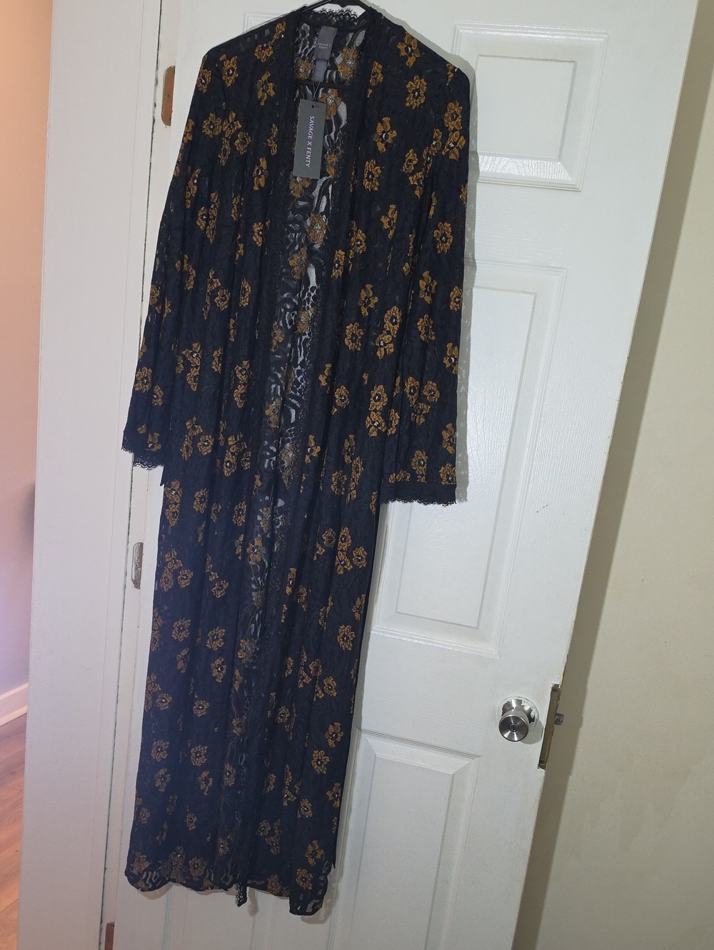 Savage X Fenty Black Sheer Lace Robe with Gold Floral Accents